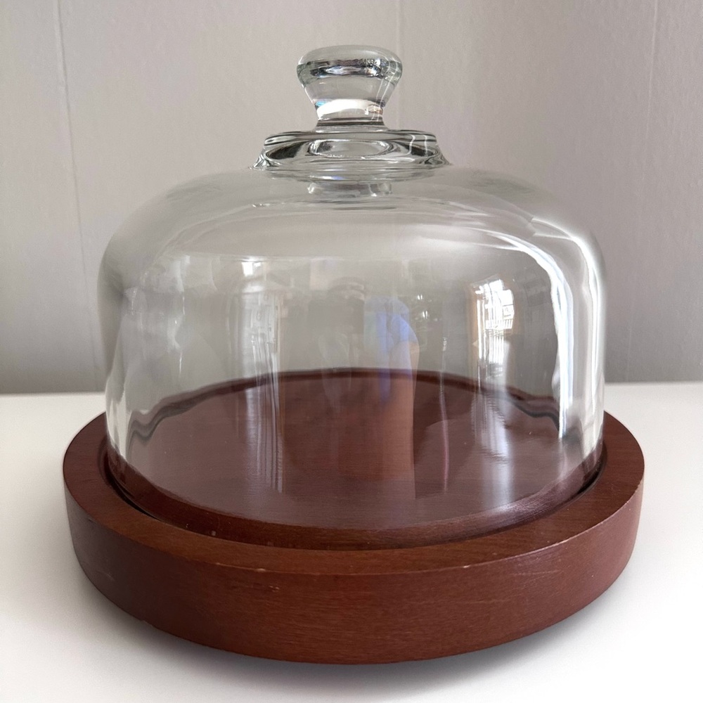 “Good Wood” Glass Dome Cheese Plate / Cake Stand with Wood Base